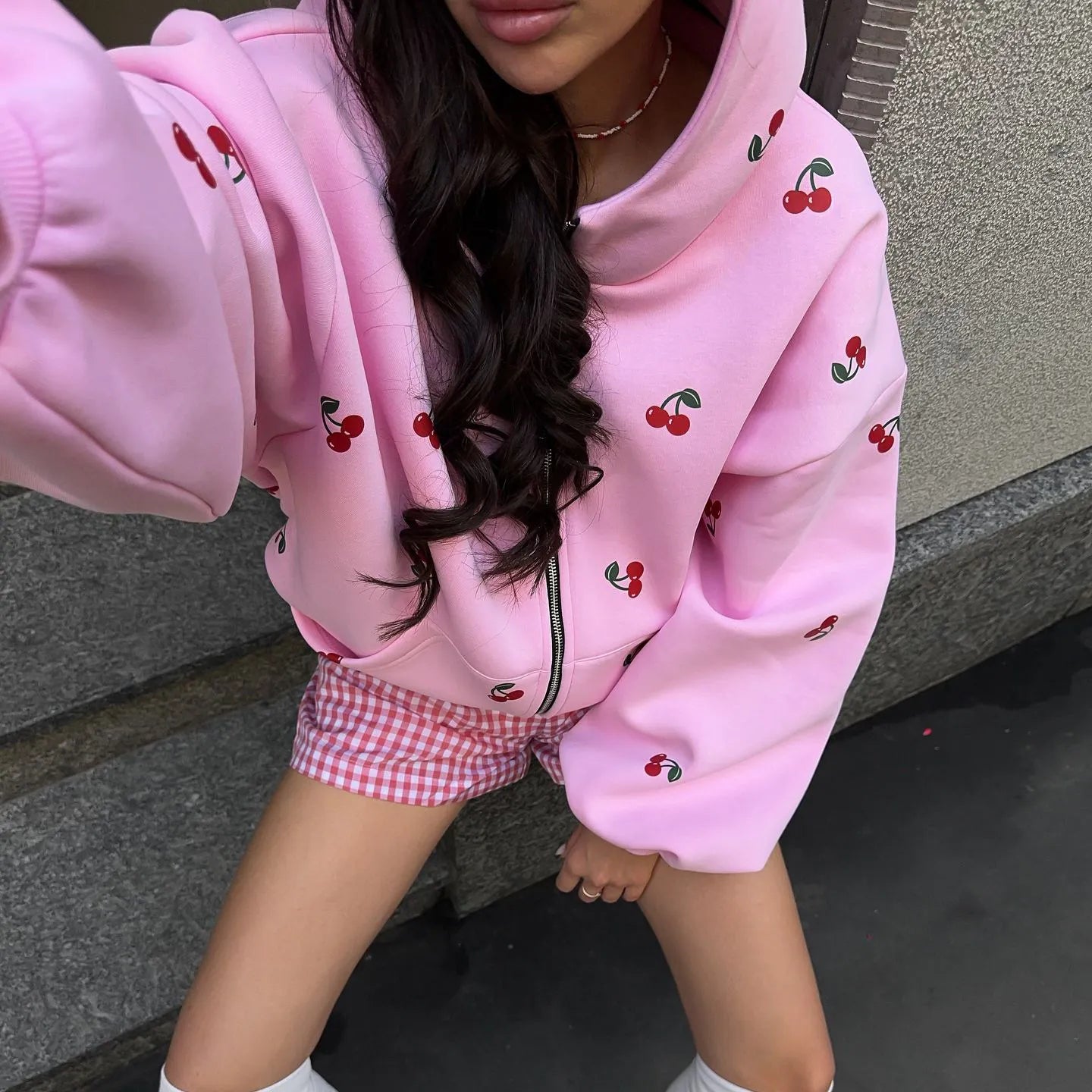 Oversized Cherry Print Cotton Hoodie