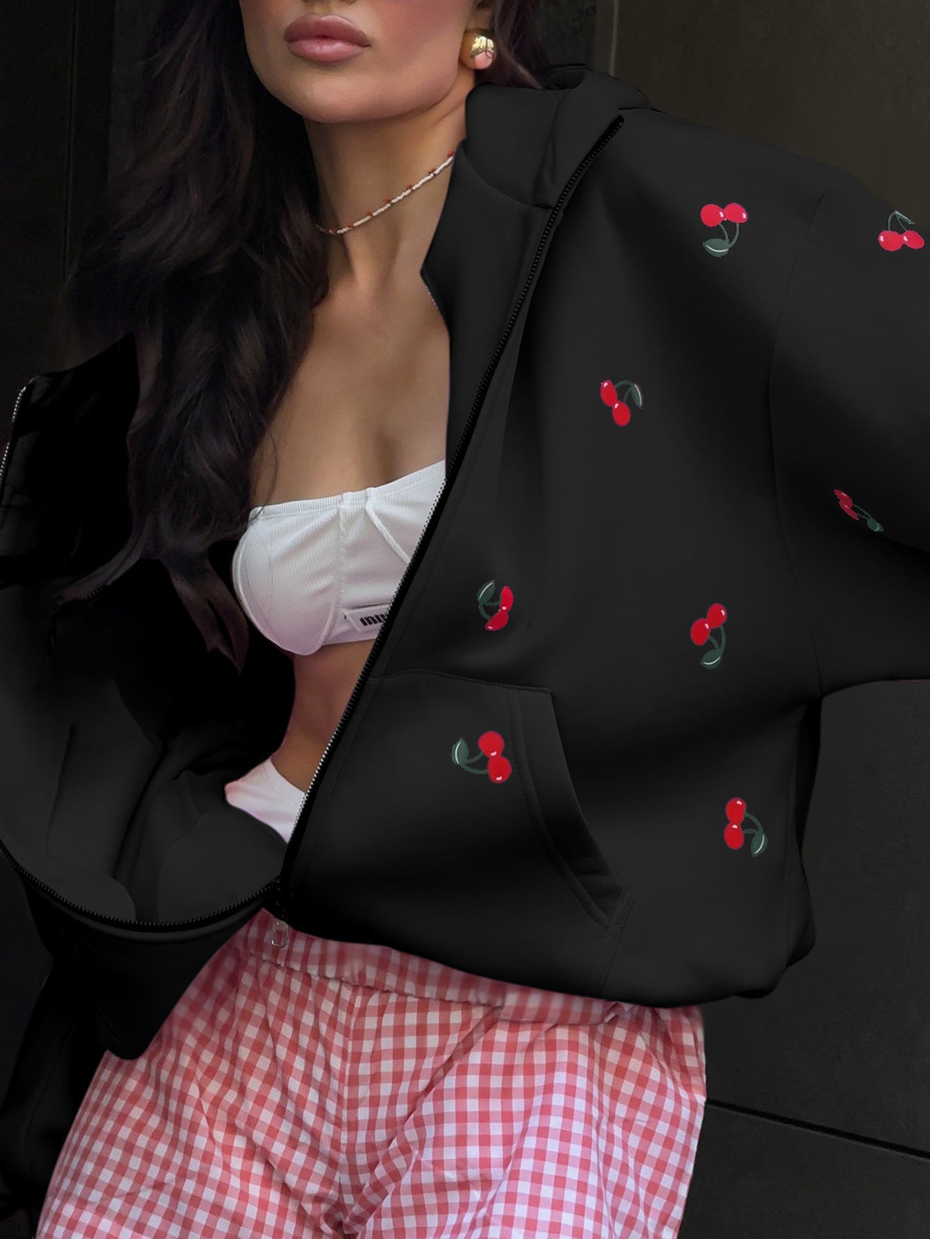 Oversized Cherry Print Cotton Hoodie