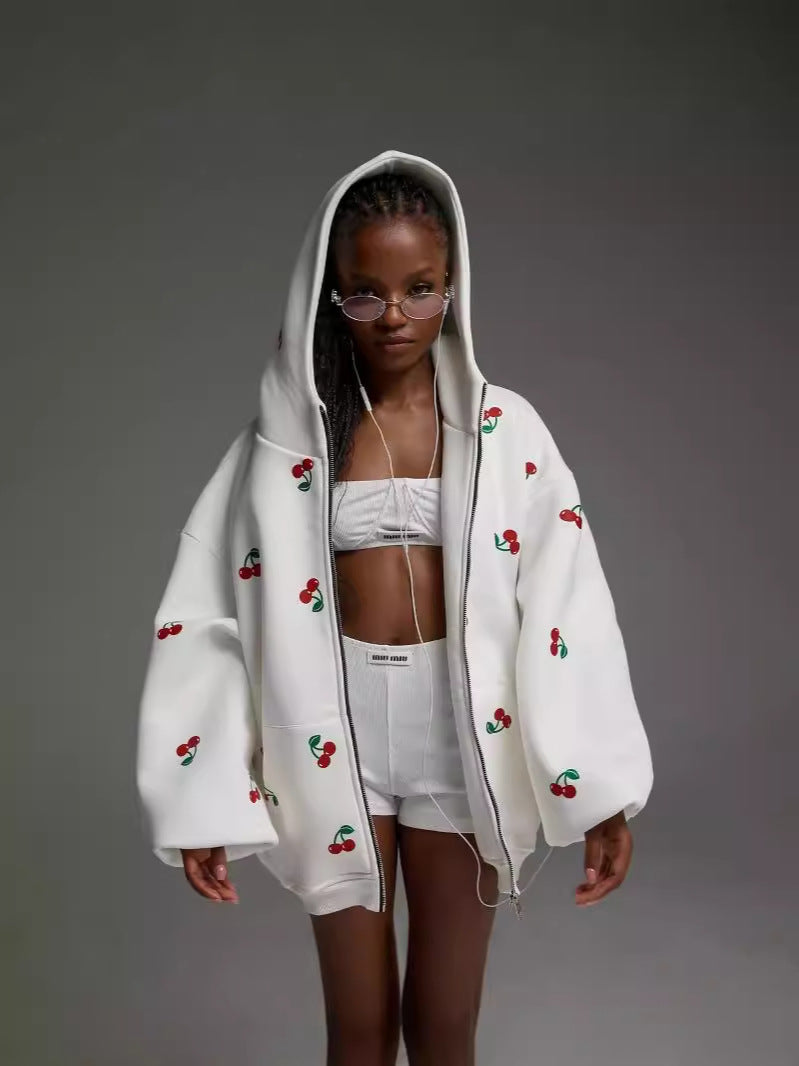 Oversized Cherry Print Cotton Hoodie
