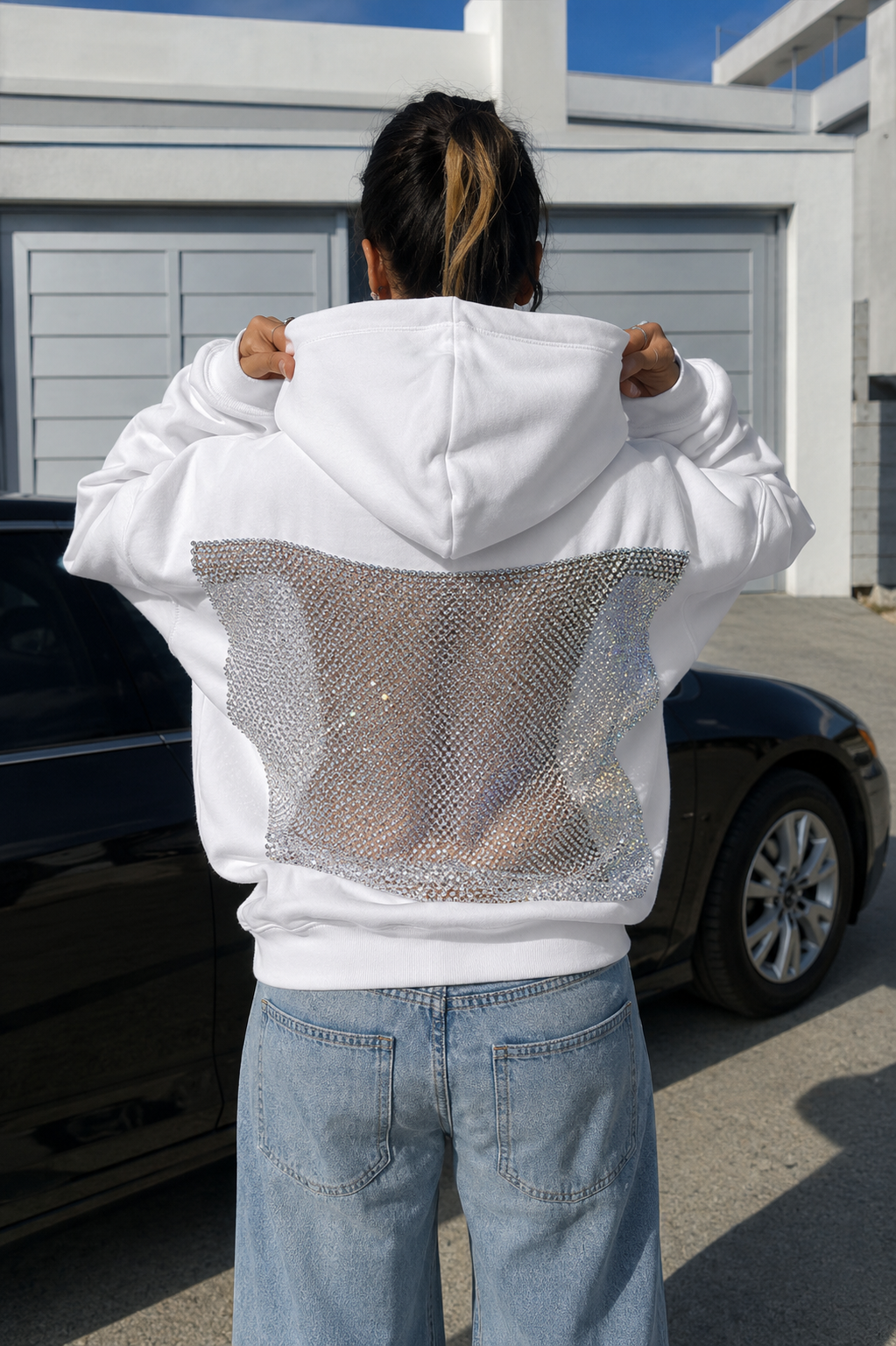 Oversized Backless Cut Out Mesh Hoodie