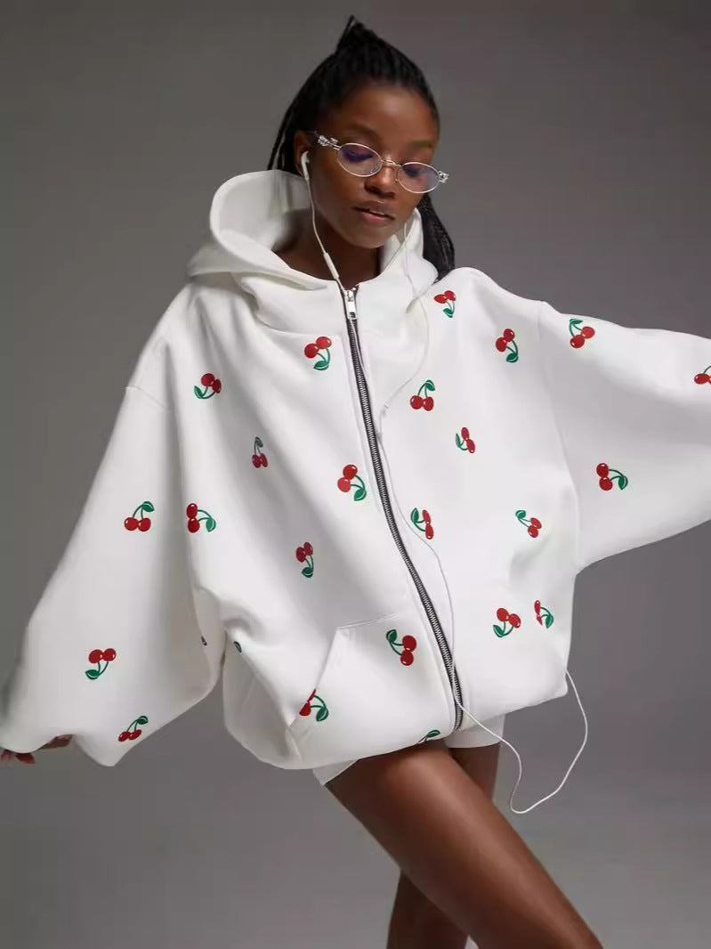 Oversized Cherry Print Cotton Hoodie