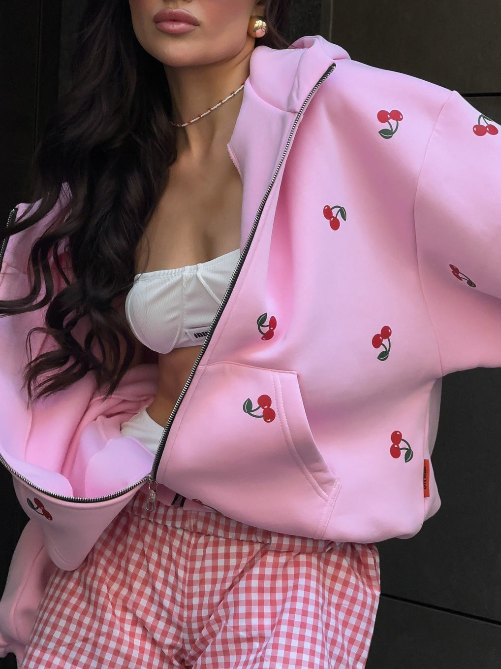 Oversized Cherry Print Cotton Hoodie