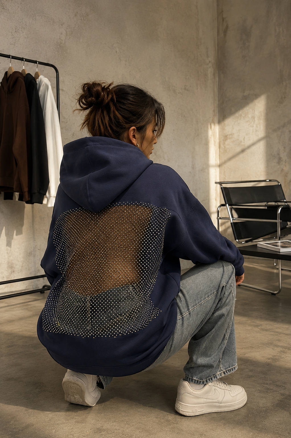 Oversized Backless Cut Out Mesh Hoodie