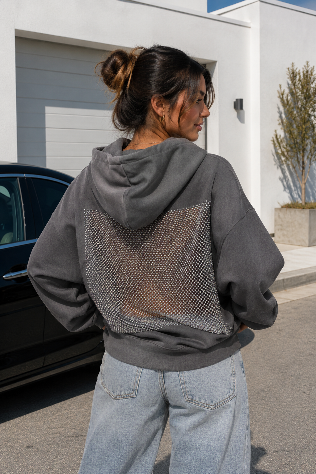 Oversized Backless Cut Out Mesh Hoodie