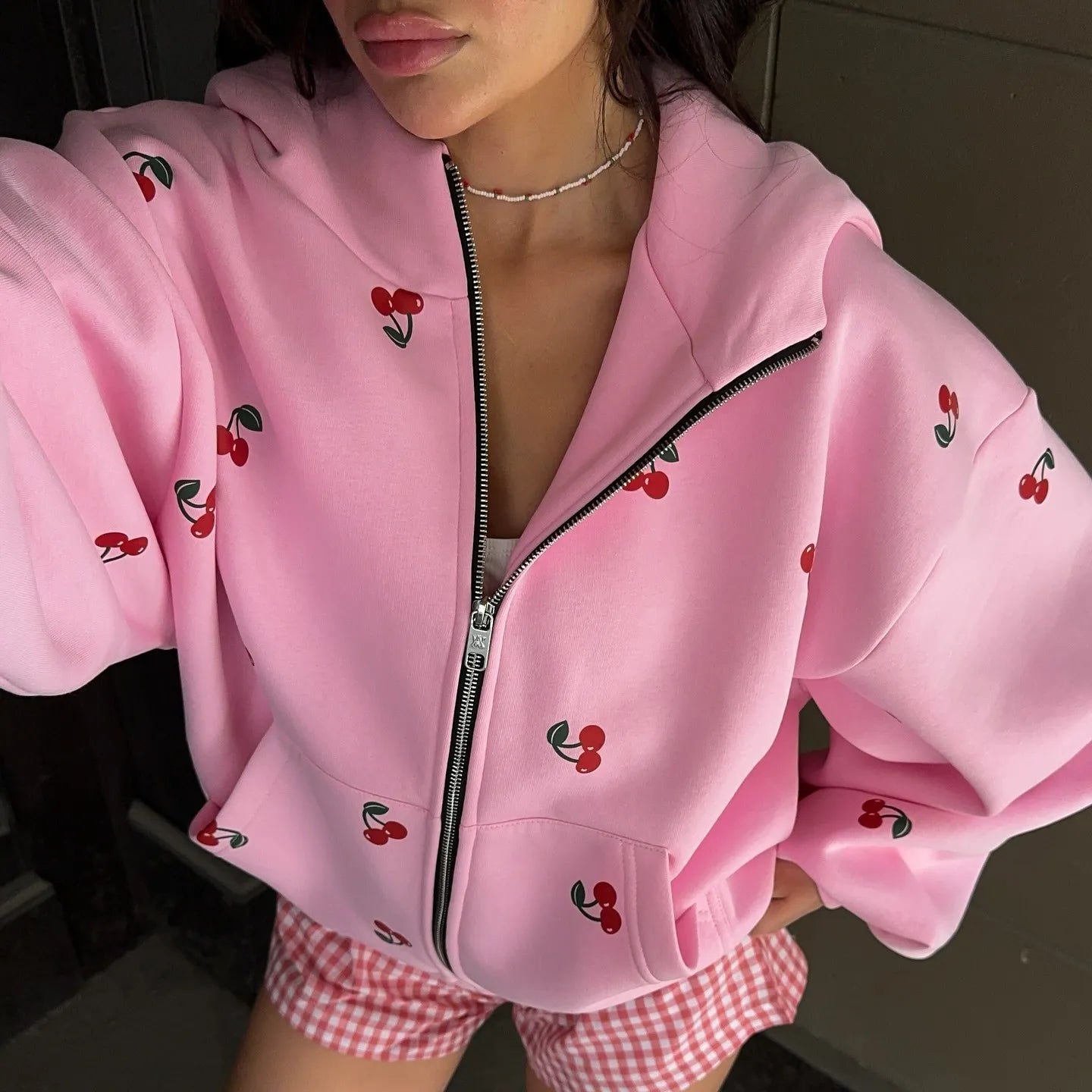 Oversized Cherry Print Cotton Hoodie