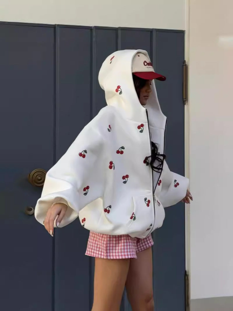 Oversized Cherry Print Cotton Hoodie