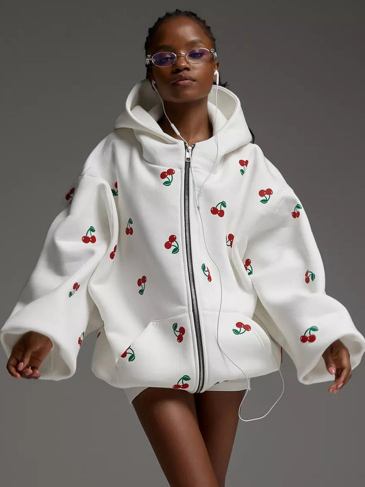 Oversized Cherry Print Cotton Hoodie