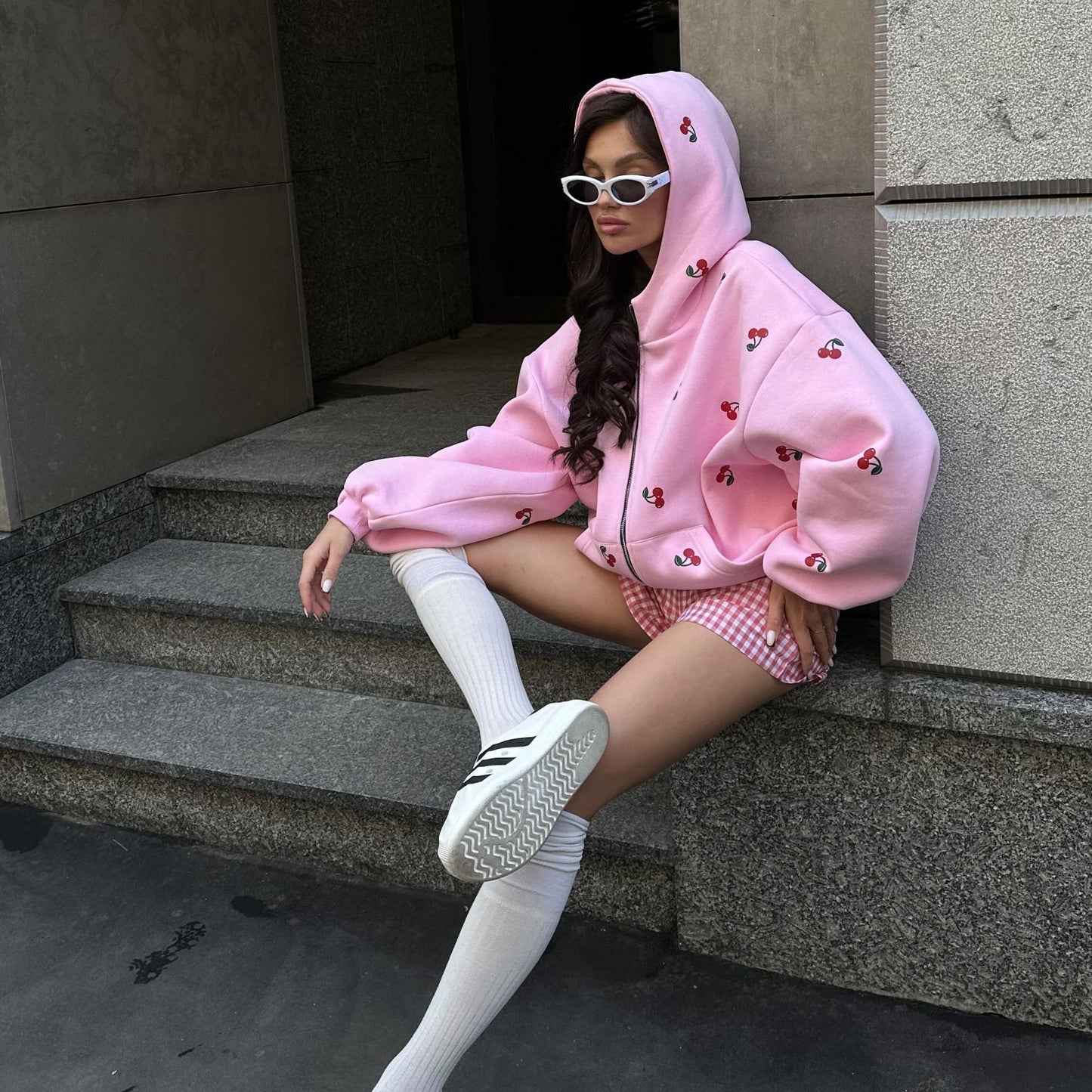 Oversized Cherry Print Cotton Hoodie